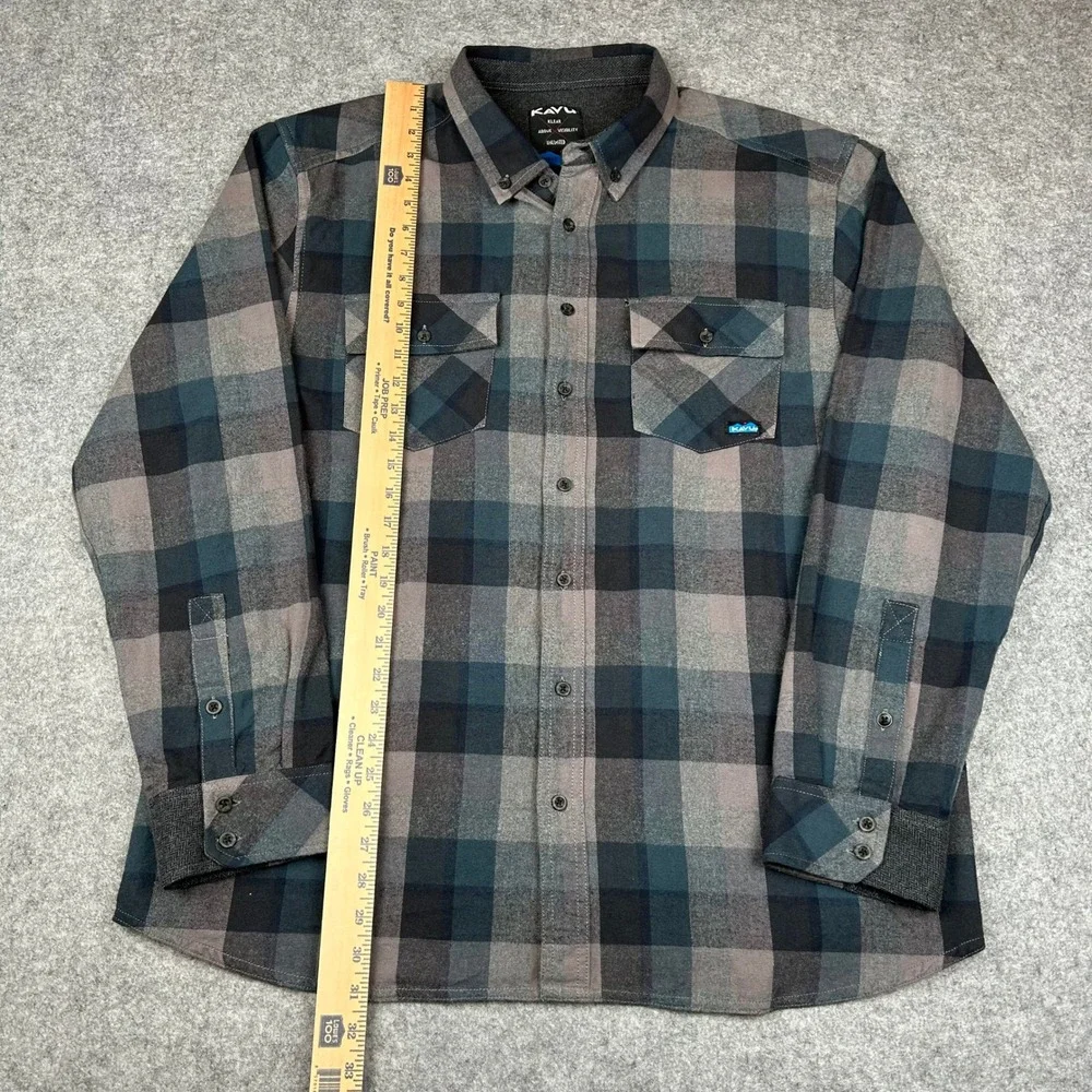 KAVU Buffaroni Mens XXL Plaid Flannel Shirt Grey Blue Long Sleeve Button Down